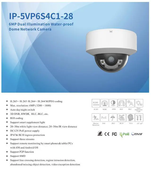 Alt view image 2 of 4 - ENS Titanium IP-5VP6S4C1-28 6MP Dual Illumination IP Vandal Dome Camera, 2.8mm Lens, 98ft IR & White Light, Smart Supplement Light, Human/Vehicle Detection, Built-in Mic, IP67 IK10, PoE