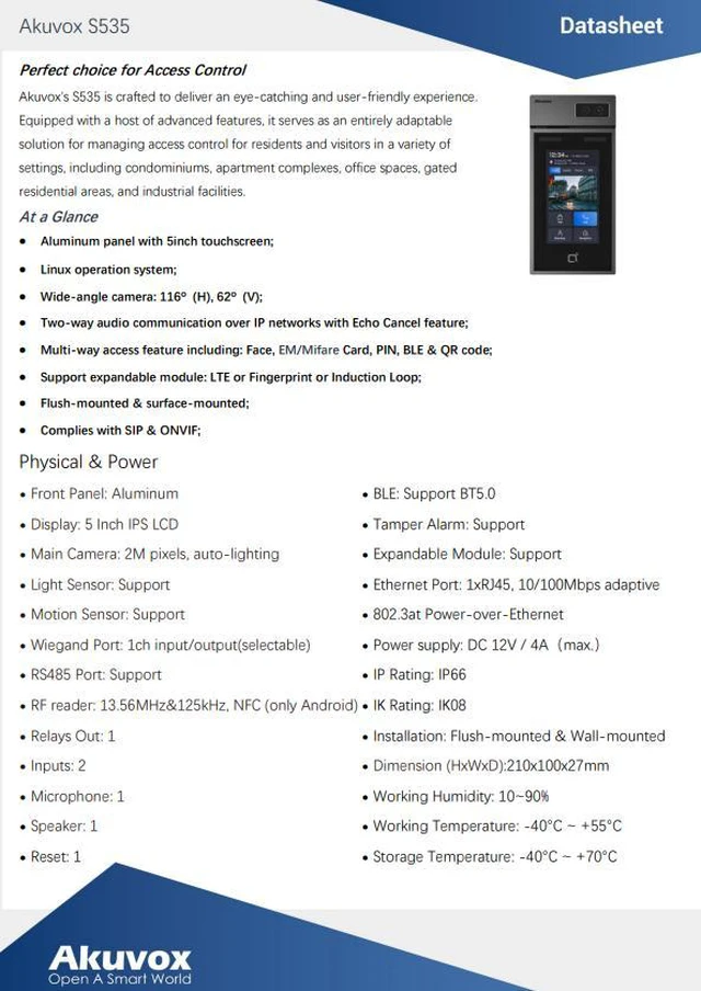 Alt view image 3 of 7 - Akuvox S535 Facial Recognition Video Door Phone, 5" Touchscreen, 1080p HDR Camera, Face/Card/PIN/BLE/QR Access, NFC & RFID Reader, Wiegand & RS485, SIP & ONVIF, PoE, IP66 IK08