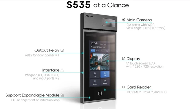 Alt view image 6 of 7 - Akuvox S535 Facial Recognition Video Door Phone, 5" Touchscreen, 1080p HDR Camera, Face/Card/PIN/BLE/QR Access, NFC & RFID Reader, Wiegand & RS485, SIP & ONVIF, PoE, IP66 IK08