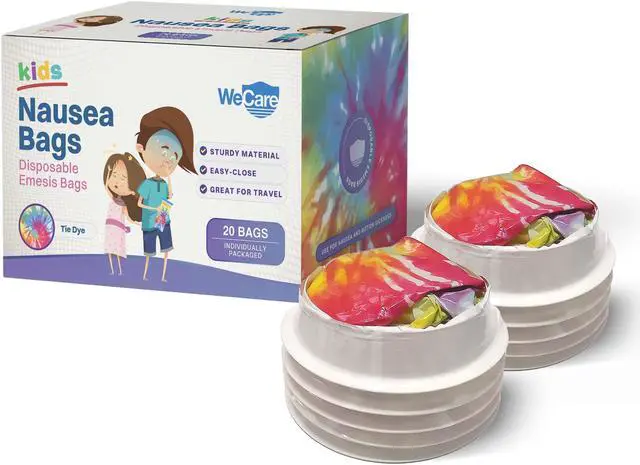 Alt view image 5 of 7 - WeCare Kids Disposable Emesis Bags For Nausea and Motion Sickness - Indivdually Wrapped - 20 Pack - Tie Dye Print