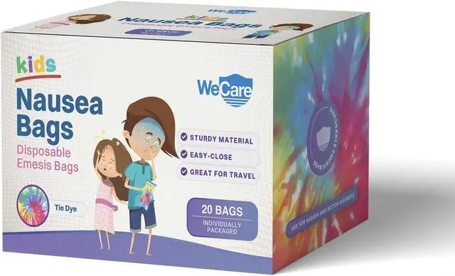 Alt view image 7 of 7 - WeCare Kids Disposable Emesis Bags For Nausea and Motion Sickness - Indivdually Wrapped - 20 Pack - Tie Dye Print