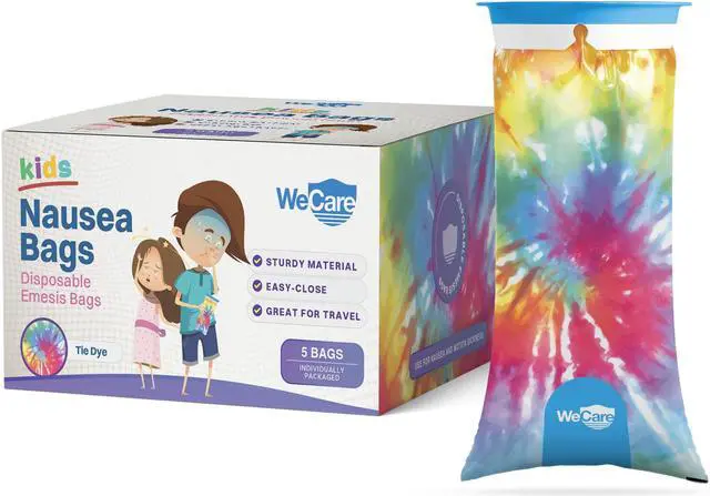 Main image of WeCare Kids Disposable Emesis Bags For Nausea and Motion Sickness - Indivdually Wrapped - 5 Pack - Tie Dye Print