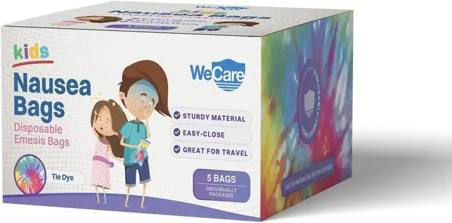 Alt view image 7 of 7 - WeCare Kids Disposable Emesis Bags For Nausea and Motion Sickness - Indivdually Wrapped - 5 Pack - Tie Dye Print