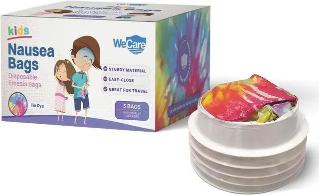 Alt view image 5 of 7 - WeCare Kids Disposable Emesis Bags For Nausea and Motion Sickness - Indivdually Wrapped - 5 Pack - Tie Dye Print