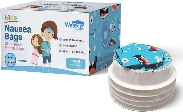 Main image of WeCare Kids Disposable Emesis Bags For Nausea and Motion Sickness - Indivdually Wrapped - 5 Pack - Monster Print