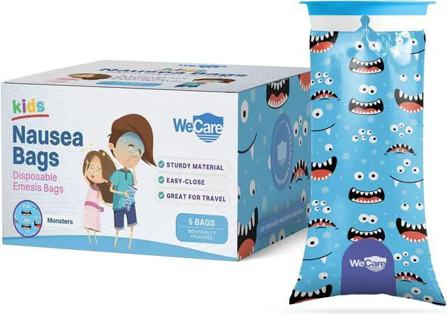 Alt view image 6 of 7 - WeCare Kids Disposable Emesis Bags For Nausea and Motion Sickness - Indivdually Wrapped - 5 Pack - Monster Print