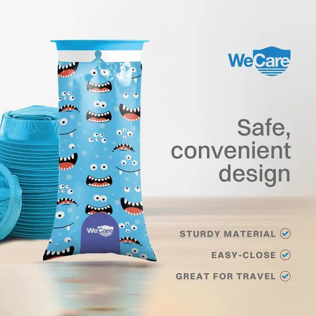 Alt view image 2 of 7 - WeCare Kids Disposable Emesis Bags For Nausea and Motion Sickness - Indivdually Wrapped - 20 Pack - Monster Print