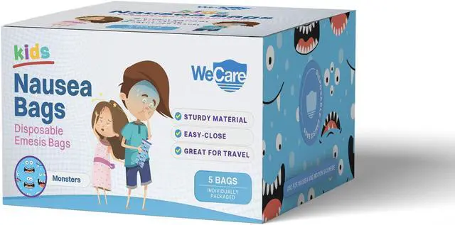 Alt view image 7 of 7 - WeCare Kids Disposable Emesis Bags For Nausea and Motion Sickness - Indivdually Wrapped - 5 Pack - Monster Print