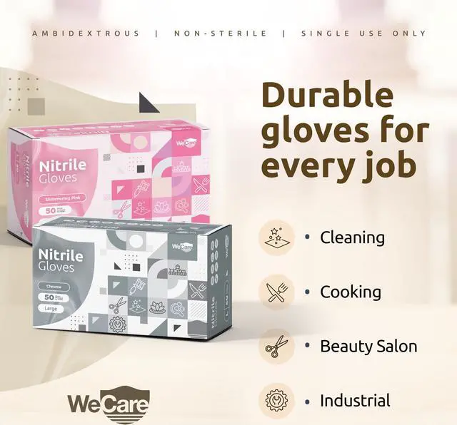 Alt view image 6 of 6 - WeCare Nitrile Latex Free & Powder Free Disposable Gloves - Chrome - Box of 50 Gloves (Small)