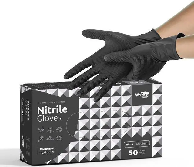 Main image of WeCare Nitrile Gloves 8 Mil - Heavy Duty Gloves with Diamond Texture Grip - Powder and Latex Free Disposable Gloves - Medium - 50 Count - Black