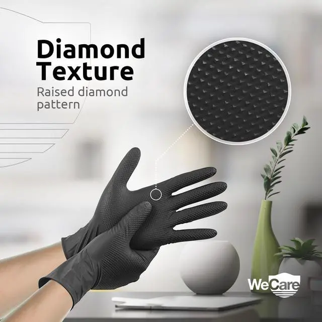Alt view image 7 of 13 - WeCare Nitrile Gloves 8 Mil - Heavy Duty Gloves with Diamond Texture Grip - Powder and Latex Free Disposable Gloves - Medium - 50 Count - Black