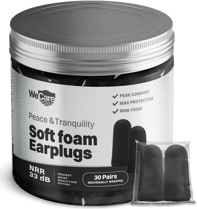 Main image of WeCare Individually Wrapped Soft Foam Highest NRR 33dB Earplugs 30 Pairs - Black