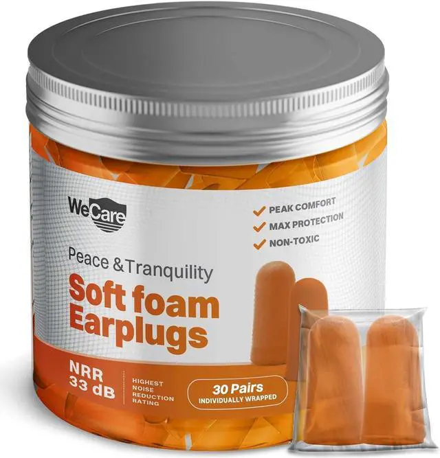 Alt view image 2 of 7 - WeCare Individually Wrapped Soft Foam Highest NRR 33dB Earplugs 30 Pairs - Orange