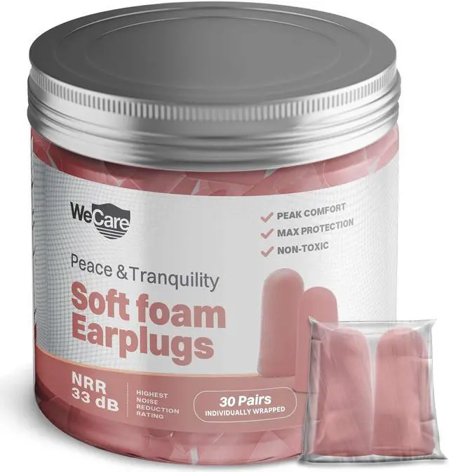 Main image of WeCare Individually Wrapped Soft Foam Highest NRR 33dB Earplugs 30 Pairs - Pink
