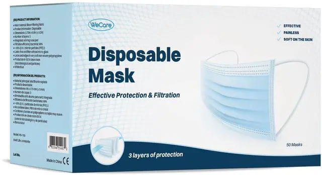 Alt view image 2 of 2 - WeCare Disposable Face Mask, 3-Ply with Ear Loop (50 Pack Individually Wrap) - White/Blue