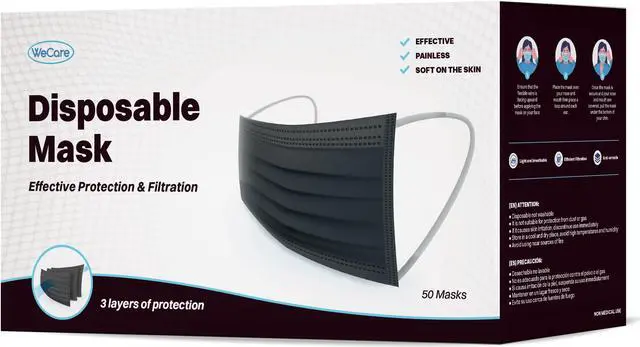 Alt view image 3 of 5 - WeCare Disposable Face Mask, 3-Ply with Ear Loop (50 Individually Wrapped) - Black
