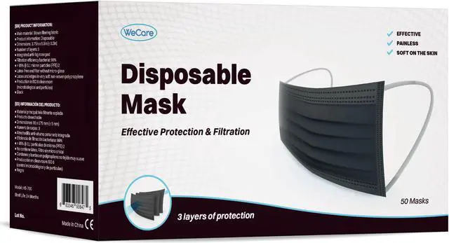 Alt view image 4 of 5 - WeCare Disposable Face Mask, 3-Ply with Ear Loop (50 Individually Wrapped) - Black