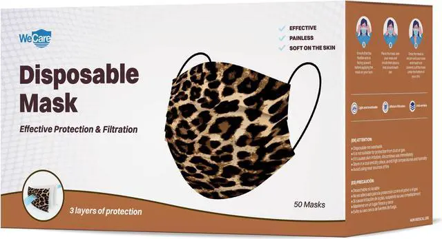 Alt view image 2 of 5 - WeCare Protective Face Masks, Box of 50 (each Individually-Wrapped) - Leopard Print