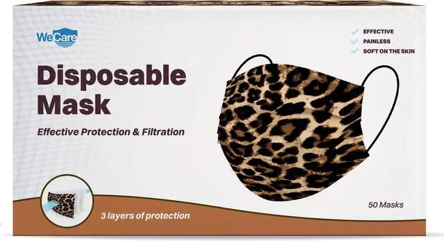 Alt view image 3 of 5 - WeCare Protective Face Masks, Box of 50 (each Individually-Wrapped) - Leopard Print