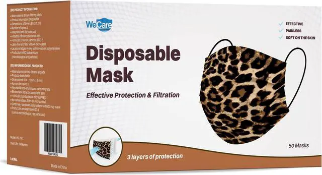 Alt view image 4 of 5 - WeCare Protective Face Masks, Box of 50 (each Individually-Wrapped) - Leopard Print