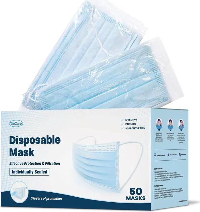 Alt view image 7 of 7 - WeCare Protective Face Masks, Box of 50 (each Individually-Wrapped) - Blue