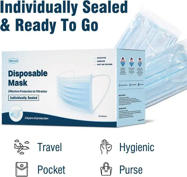 Alt view image 3 of 7 - WeCare Protective Face Masks, Box of 50 (each Individually-Wrapped) - Blue