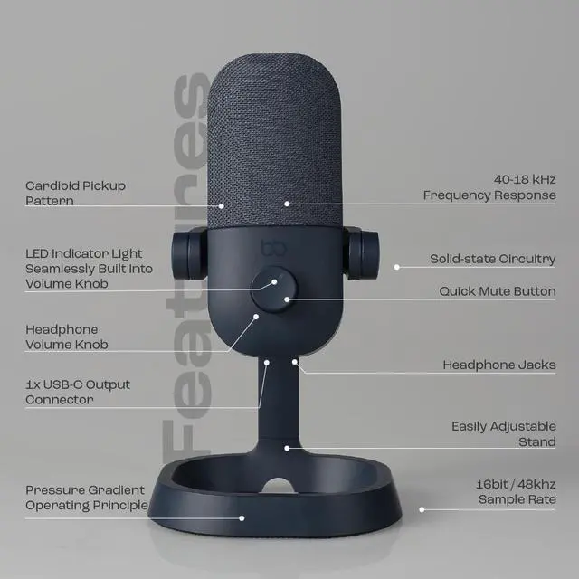 Alt view image 5 of 14 - Babbl USB-C Plug and Play Microphone for Podcast, Streaming, Gaming, Vlogging & Recording on PC and Mac - Serene Blue