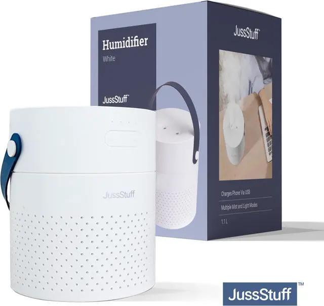 Main image of JussStuff Portable Humidifier, 1.1L Tank Cool Mist Humidifier, with 7 Colorful Night Light Function For Home and Travel - White