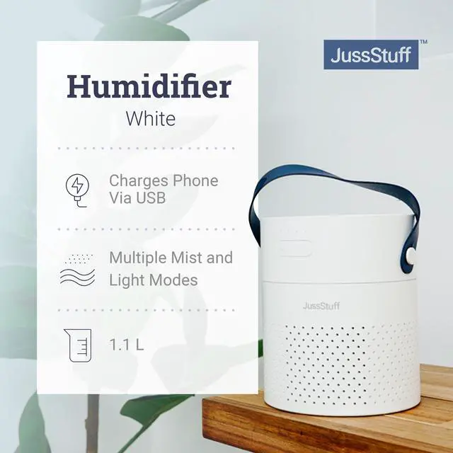 Alt view image 2 of 7 - JussStuff Portable Humidifier, 1.1L Tank Cool Mist Humidifier, with 7 Colorful Night Light Function For Home and Travel - White