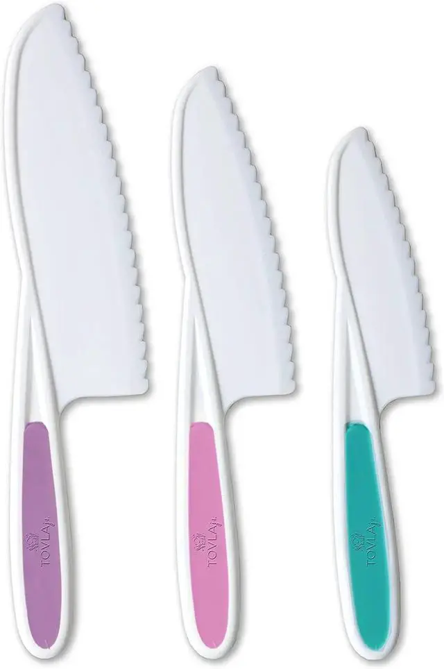Main image of Tovla Jr. Knives for Kids 3-Piece Nylon Kitchen Baking Knife Set: Children's Cooking Knives in 3 Sizes & Colors - Firm Grip, Serrated Edges, BPA-Free Kids' Knives - Multi Green Multi-Pink