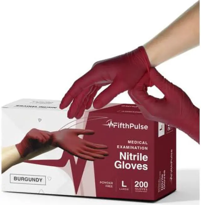 Main image of Fifth Pulse Nitrile Exam Latex Free & Powder Free Gloves - Burgundy - Box of 200 Gloves (Large)