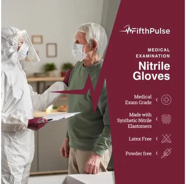 Alt view image 2 of 6 - Fifth Pulse Nitrile Exam Latex Free & Powder Free Gloves - Burgundy - Box of 200 Gloves (Large)