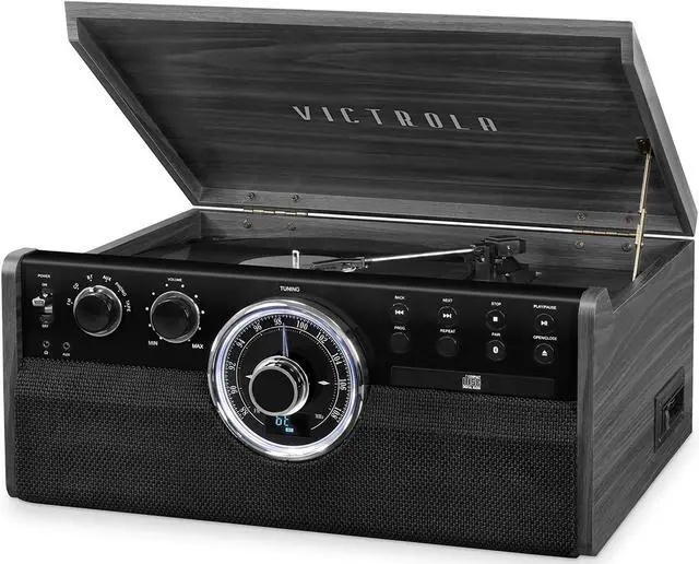 Main image of Victrola 6-in-1 Wood Bluetooth Mid Century Record Player with 3-Speed Turntable, CD, Cassette Player and Radio