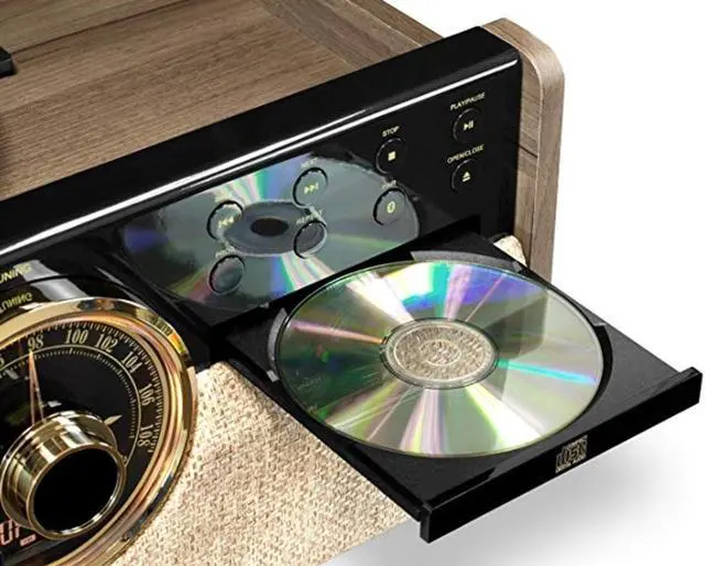 Alt view image 2 of 5 - Victrola 6-in-1 Wood Empire Mid Century Modern Bluetooth Record Player with 3-Speed Turntable, CD, Cassette Player and Radio - Farmhouse Walnut