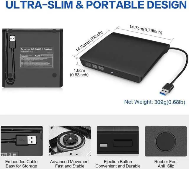 Alt view image 2 of 7 - External CD/DVD Drive for Laptop, USB Ultra-Slim Portable CD DVD +/-RW ROM Burner/Writer Compatible with Mac MacBook Pro/Air iMac Desktop Windows 7/8/10/XP/Vista (Black)