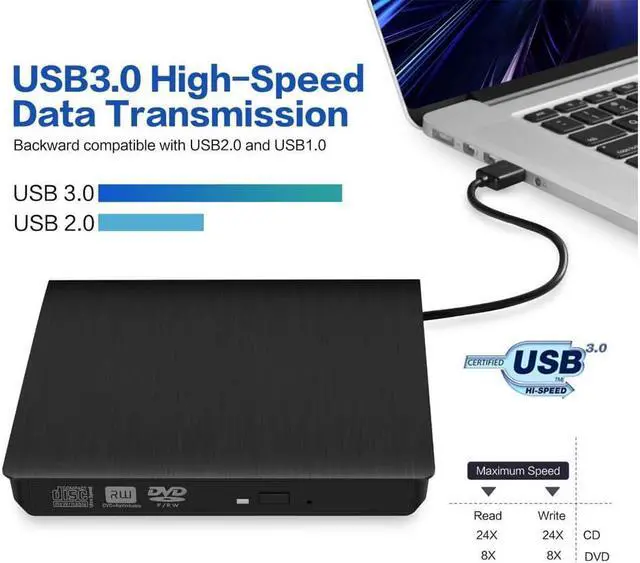Alt view image 3 of 7 - External CD/DVD Drive for Laptop, USB Ultra-Slim Portable CD DVD +/-RW ROM Burner/Writer Compatible with Mac MacBook Pro/Air iMac Desktop Windows 7/8/10/XP/Vista (Black)