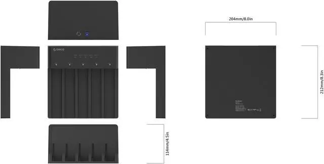 Alt view image 2 of 6 - ORICO 5-Bay Exposed Hard Drive Docking Station with Offline Cloning, 50TB Capacity, USB 3.0 (5Gbps), Vertical Open-Air Cooling, Tool-Free Plug & Play