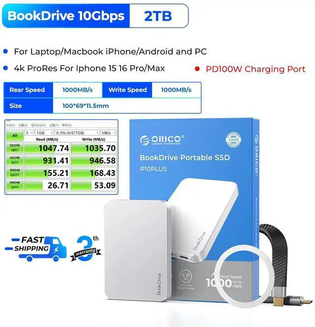 Alt view image 2 of 5 - ORICO BookDrive P10Plus 2TB Portable SSD for Labtop & USB-C Smartphone - MagSafe Compatible External Solid State Drive with 100W PD Charging, 1000MB/s Speed, (Includes 2 MagSafe Rings)