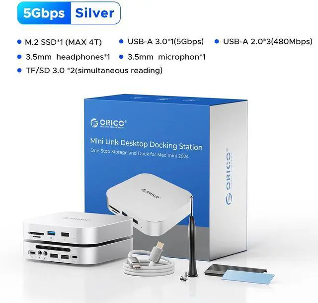 Alt view image 2 of 5 - ORICO MiniLink Mac mini M4 Hub with SATA SSD Enclosure, 5Gbps USB 3.0 Port, SD 3.0/TF 3.0 Card Readers, 3.5mm Headphone Jack and Microphone Jack (M410P)
