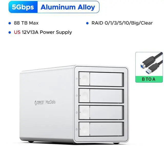 Alt view image 2 of 10 - ORICO 4Bay RAID External Hard Drive Enclosure USB3.0 for 2.5/3.5 Inch SATA HDD/SSD up to 5X 22TB Supports RAID 0/1/3/5/10/JBOD/Clone/ClearMode