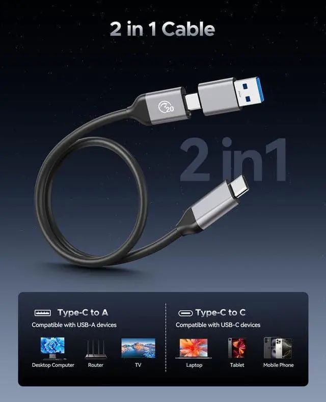 Alt view image 4 of 4 - ORICO C20 2TB Portable SSD, Up to 2100MB/s, USB 3.2 Gen 2 * 2 USB-C, External Solid State Drive, Compatible with Windows, Mac & Android, with C to A/C Cable