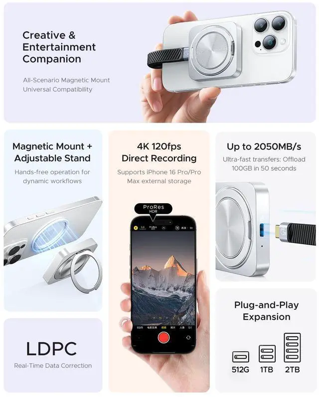 Alt view image 3 of 5 - ORICO External Magnetic SSD 2TB, Portable SSD with 20 Gbit/s and Stand, Compatible with iPhone 15/16 Pro Max MacBook/Laptop, for Creative Users and Video Mounting (CZ20PLUS)