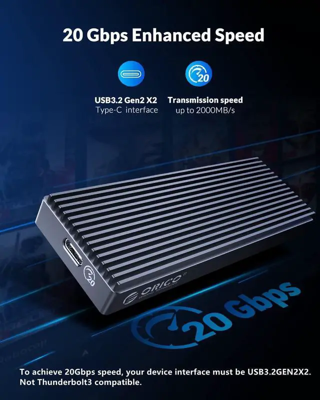 Alt view image 2 of 7 - ORICO 20Gbps M.2 NVME SSD Enclosure Adapter USB3.2 Gen2 X2 Type-C to NVME PCI-E M-Key Solid State Drive Aluminum External Case for SSD Size 2230/2242/2260/2280, up to 2TB(M2PAC3-G20, Grey)