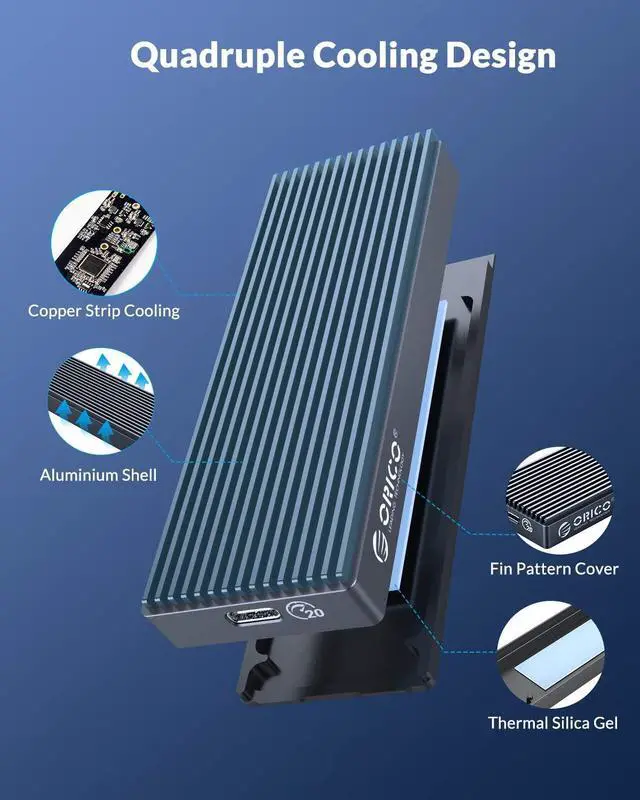 Alt view image 4 of 7 - ORICO 20Gbps M.2 NVME SSD Enclosure Adapter USB3.2 Gen2 X2 Type-C to NVME PCI-E M-Key Solid State Drive Aluminum External Case for SSD Size 2230/2242/2260/2280, up to 2TB(M2PAC3-G20, Grey)