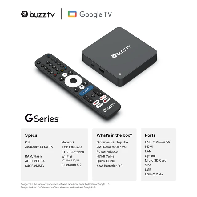 Alt view image 5 of 7 - BuzzTV G-Series Google TV Set Top Box