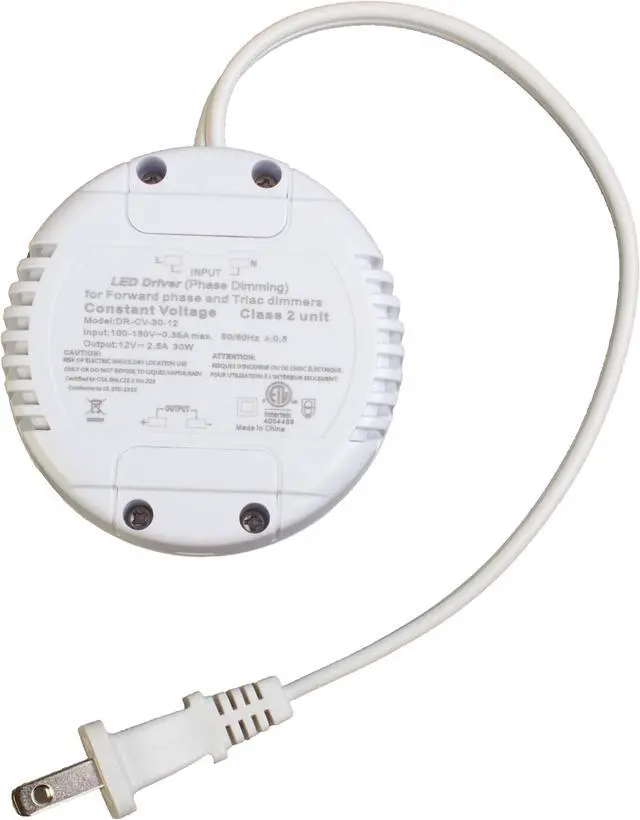 Main image of Dimmable LED Driver, 12v 30w Power Supply, Round Shape 2.5A, AC 100v-130v to DC Class 2 Triac ETL Listed for LED Light Strip Module