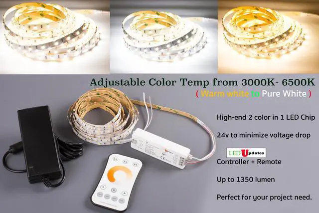 Main image of LEDUPDATES 24v Adjustable 3000K Warm white to 6500K Pure White LED Strip Light CCT 3528  300 LED chip with Remote and 24v UL Power Supply