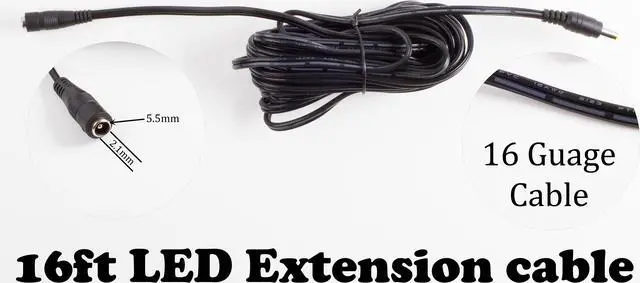 Main image of LEDUPDATES 16ft DC Extension Power Cable 5.5MM X 2.1MM Plug, 16AWG Heavy Duty Cable for 5v 12v 24v LED Light, Home Security Camera Surveillance System, DVR and more