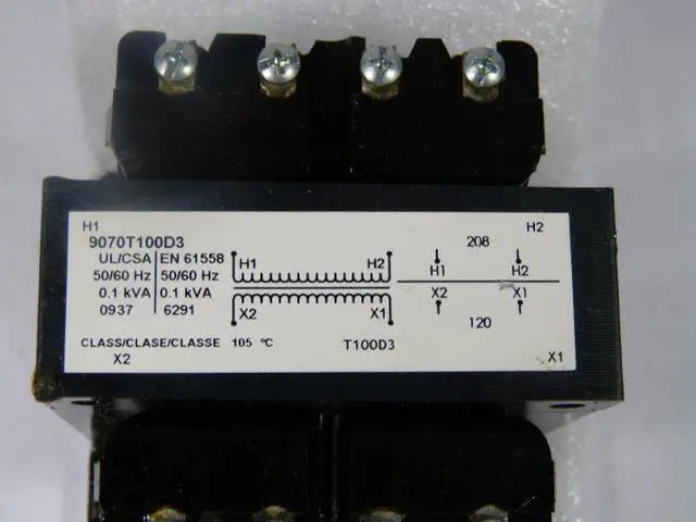 Alt view image 3 of 7 - SQUARE D 9070T100D3 Control Transformer, 100 VA, Not Rated, 55°C, 120V AC, 208V