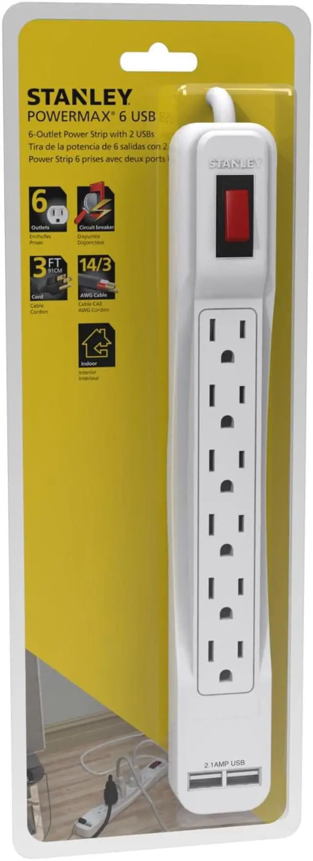 Main image of Stanley 30024 PowerMax USB, 6-Outlet Power Strip with 2 USB Ports (2.1A Total)